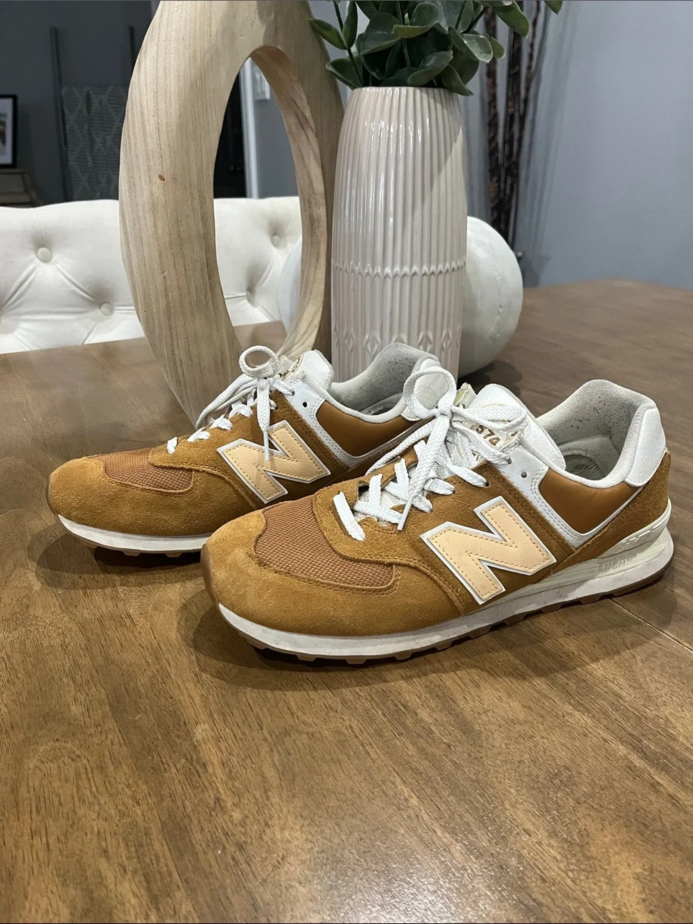 New Balance 574 Men's Suede & Mesh Sneakers - Tan/White